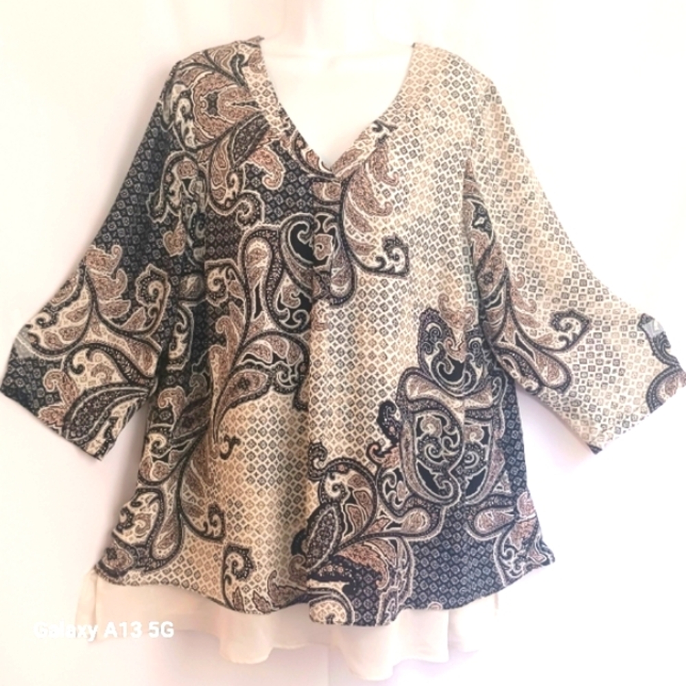 Rose + Olive Women's Mixed Patterns 3/4 Sleeve Top  Blouse Sz 1X